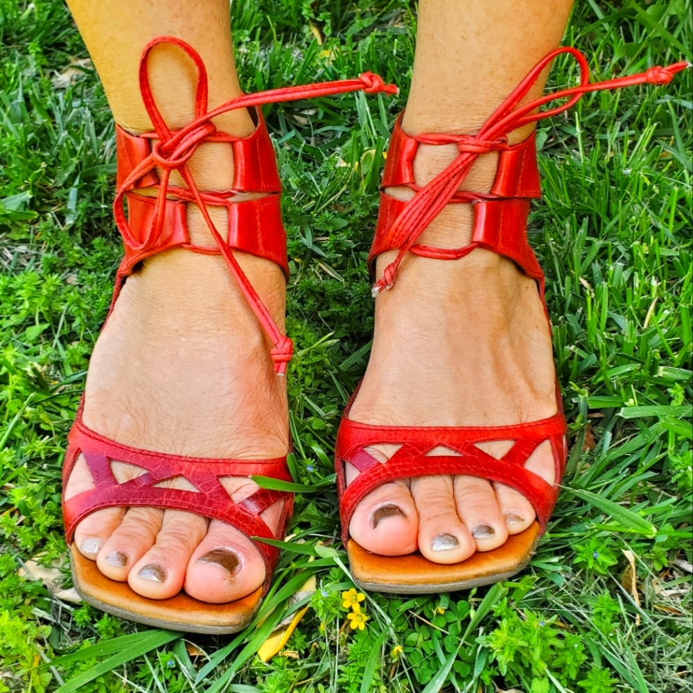 Leather CHOCOLAT BLU ankle-tie strap wedges!!